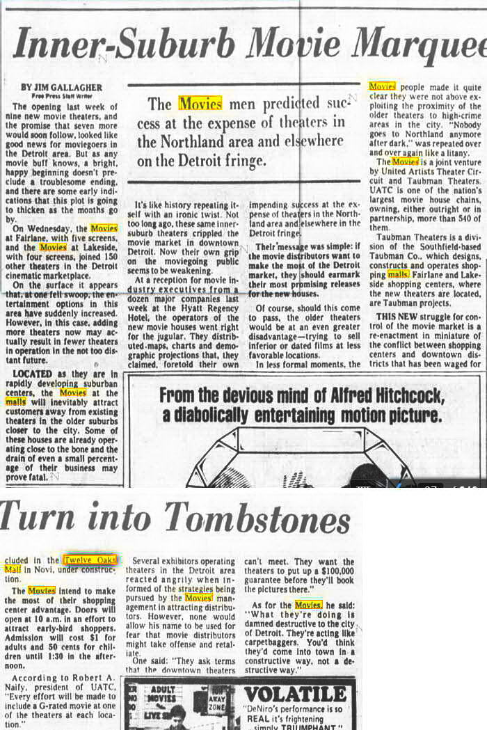 Movies at Twelve Oaks - April 4 1976 Article About Mall Theaters